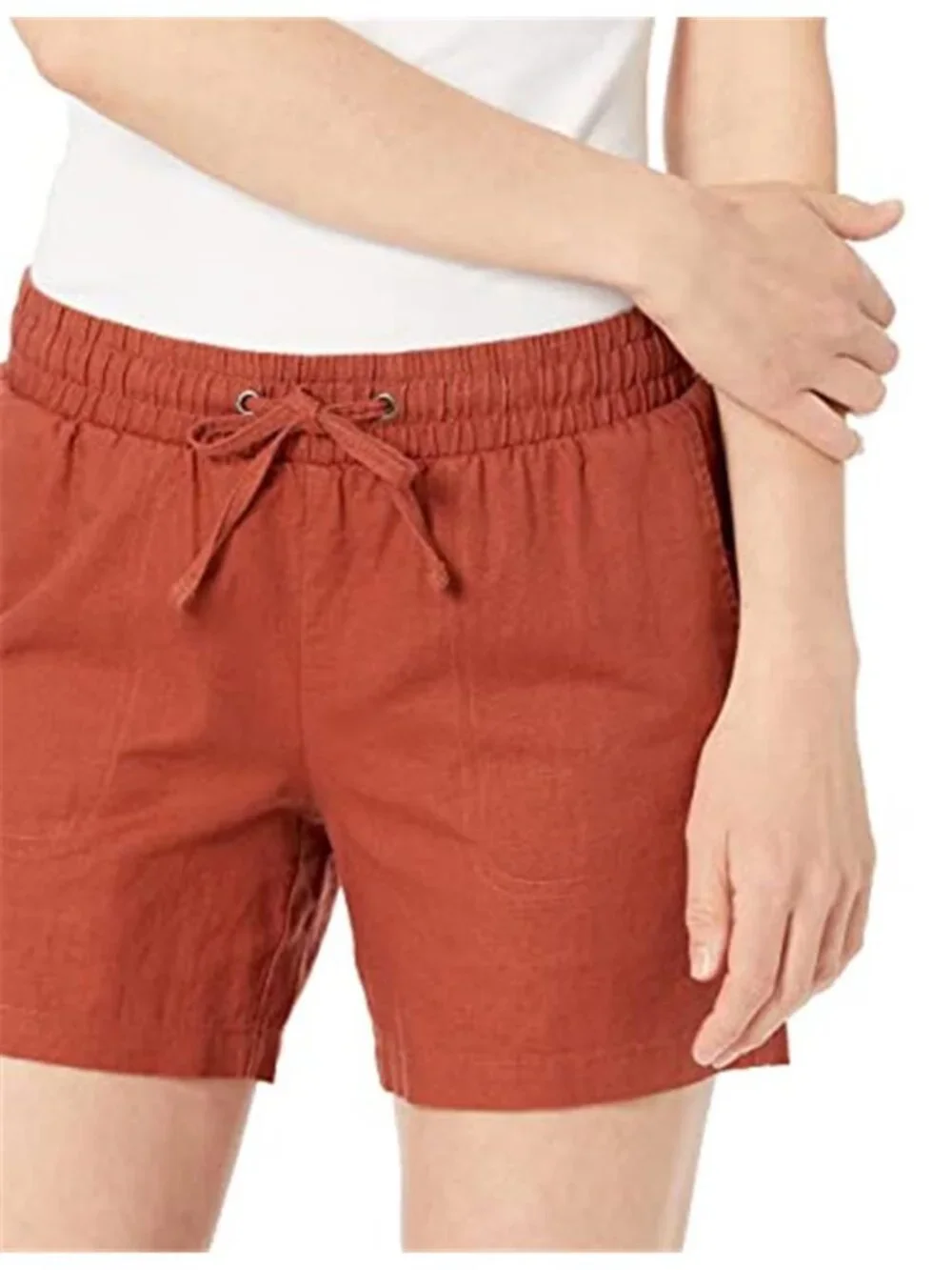 Womens Linen Blend Shorts Drawstring Elastic Waist Terracotta Summer Casual 5in
